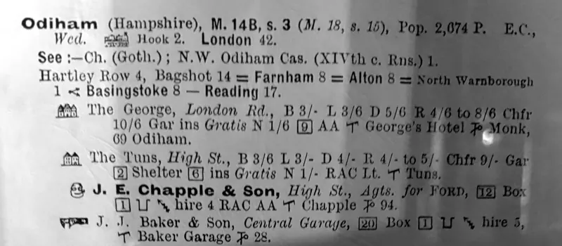 The Odiham entry in the 1923 Michelin Guide, listing The George and The Tuns hotels and two garages