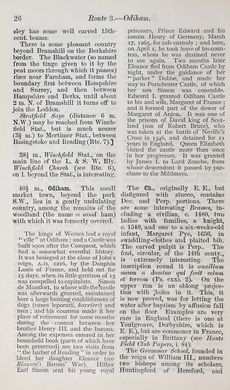 Page 26 of Murray's 1898 Handbook for Travellers in Hampshire, with the Odiham entry and the castle siege of 1216
