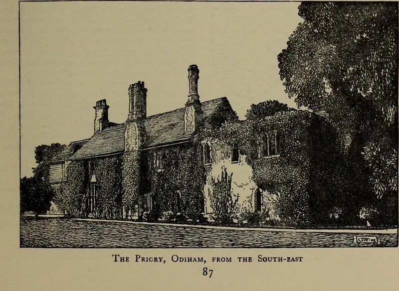Old photograph of The Priory, Odiham, a tiled house with ivy-covered walls, seen from the south east